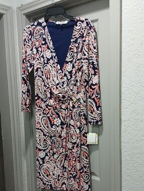 Kasper Navy Blue Pink Paisley Long Sleeve Wrap Dress